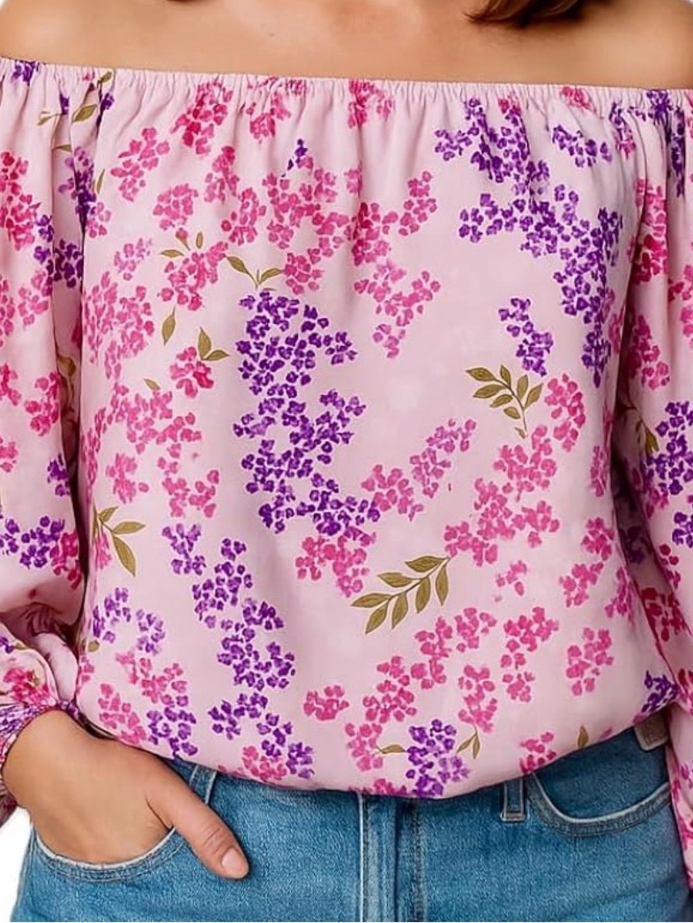 New York & Company Pink Floral Off-Shoulder Blouse with Purple Accents